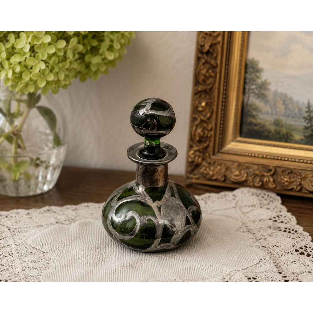 Antique Art Nouveau Green Glass Sterling Silver Overlay Perfume Bottle